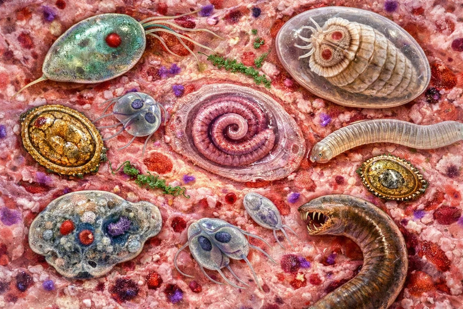 Microscopic view of various types of parasites in human tissue, detailed scientific image with colored cells and parasitic organisms
