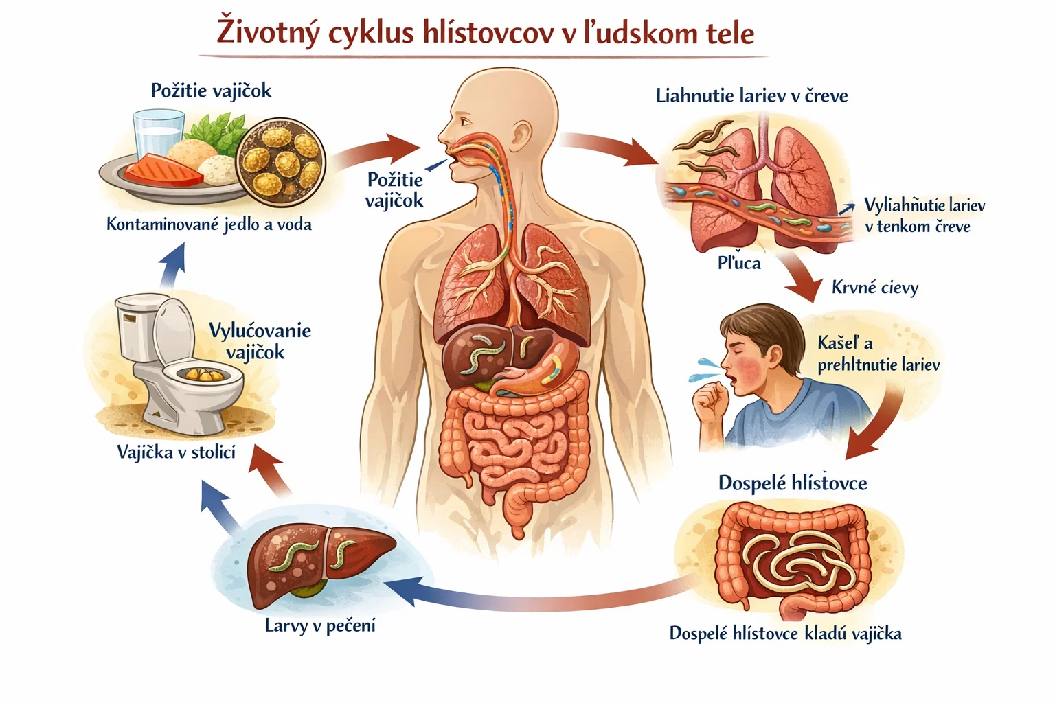 Infographic showing the life cycle of roundworms in the human body, from eggs through larvae to adult worms, with anatomical illustration of affected organs
